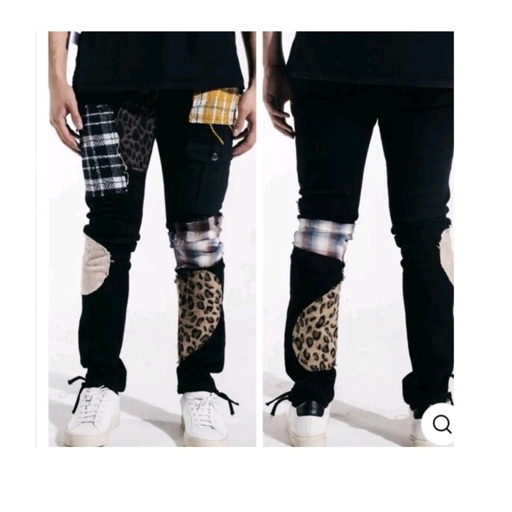 Embellish‎ Trey Black Cargo Patchwork Jeans Leopard Plaid Size 36 Streetwear - Picture 5 of 14